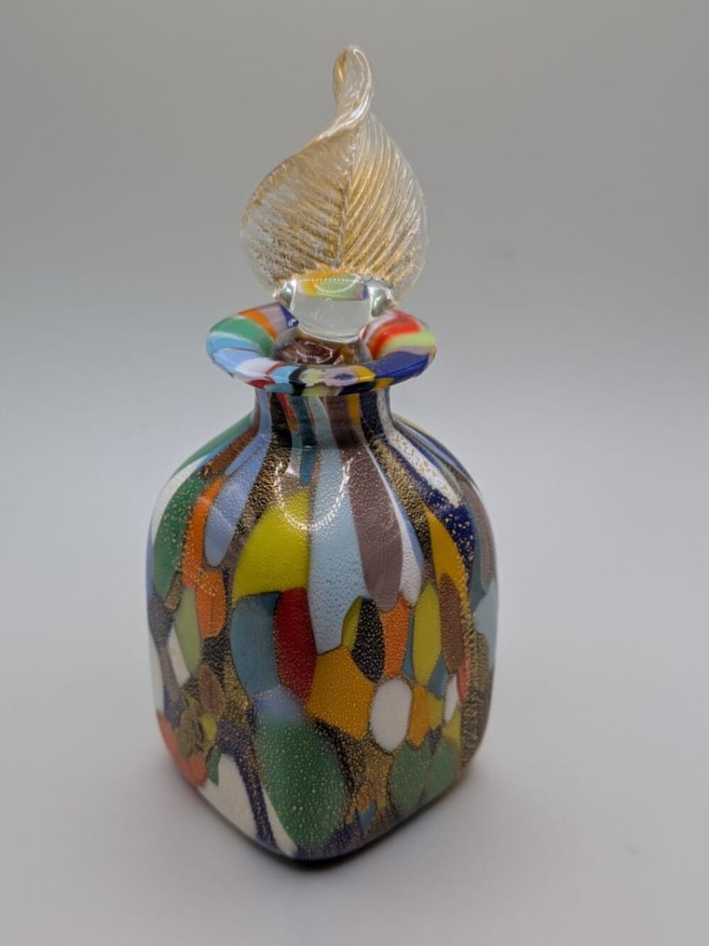 Campanella Murano Glass Perfume Bottle Gold Leaf Millefiori Patchwork Italy 7in